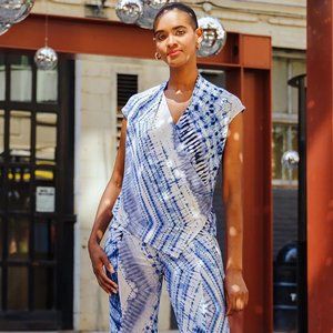 Clara Sunwoo - Crossover Faux Wrap Top - Watercolor-Acid Wash Blue